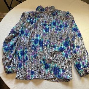 Gianna Multicolor Floral and Leopard sheer Blouse Vintage Gianna 16 mock neck